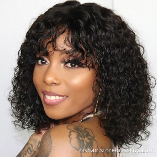 Jerry Curly Human Hair Wigs with Bangs Full Machine Made Wigs Highlight Honey Blonde Colored Wigs For Women Brazilian Remy Hair